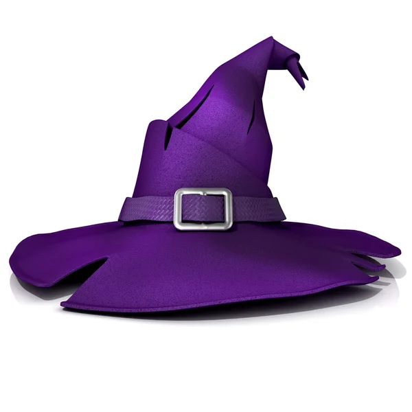 Halloween, chapéu de bruxa. Chapéu roxo com cinto roxo. Isolado sobre fundo branco — Fotografia de Stock