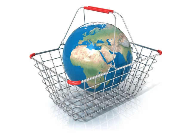 全球购物篮孤立在白色背景上的钢丝 — 图库照片