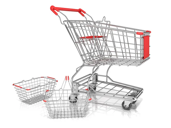 Steel wire shopping baskets and shopping cart isolated on a white background. — Stock Photo, Image