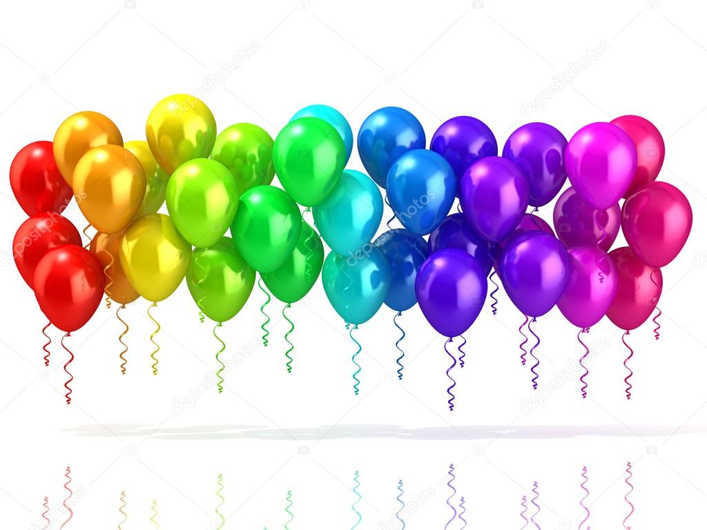 Colorful party balloons row, isolated on white