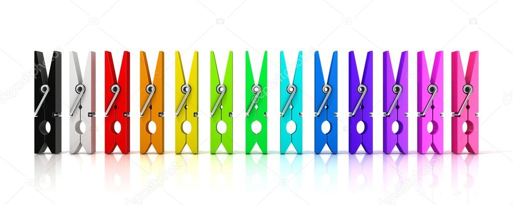 Set of colorful clothes pins. Front view isolated on white background