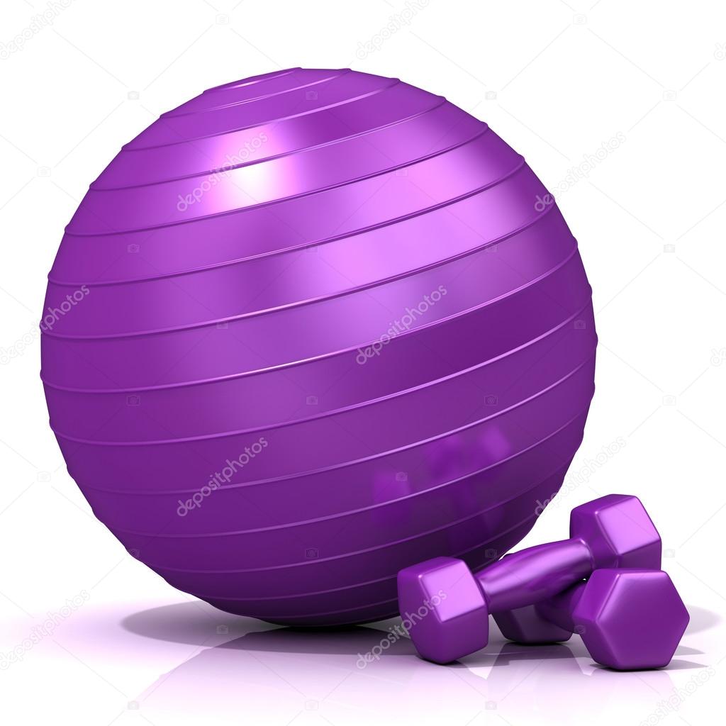 Violet fitness ball and weights, isolated on white