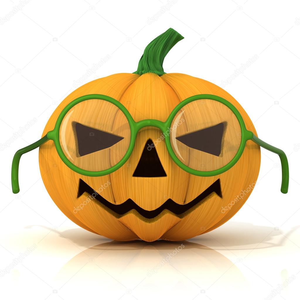 Funny Jack O Lantern. Halloween pumpkin with green glasses, isolated on