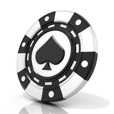 Çip üzerinde kürek işareti olan kumar siyah. Beyaz arka plan üzerinde izole 3d render