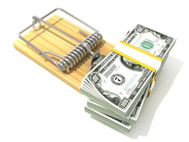 Stack of hundreds dollars, like bait, in wooden mousetrap. 3D rendering illustration, isolated on white background. clipart