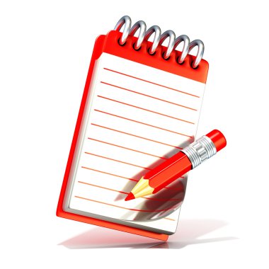 Kırmızı kalem ve not defteri. Beyaz arka plan üzerinde izole 3d render