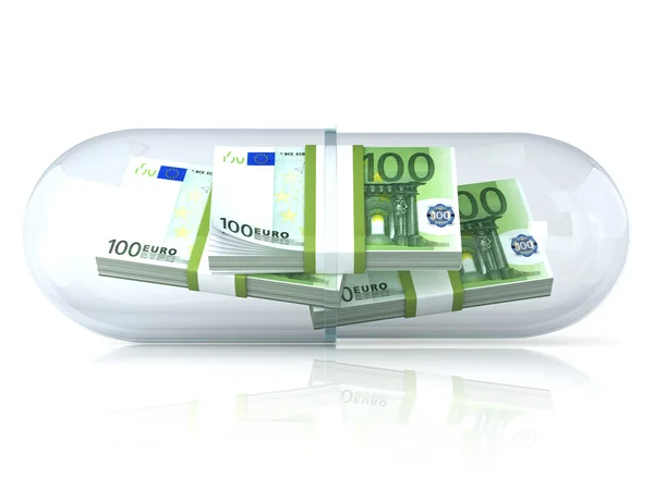 Transparent pill capsule, with euros stack inside. Isolated on white background — Stock Photo, Image