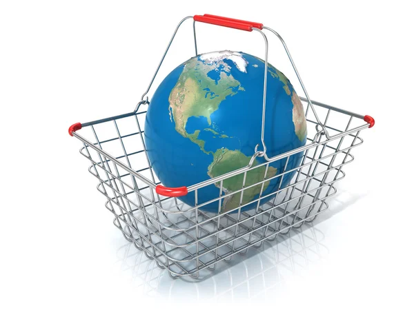 Globe in steel wire shopping basket isolated on a white background — Stock Photo, Image