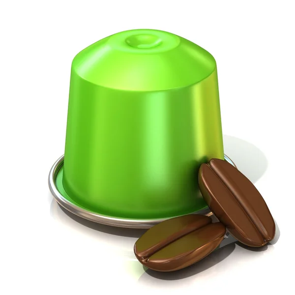 Grönt kaffe kapsel med två kaffebönor. 3D render, isolerad på vit bakgrund. Framifrån — Stockfoto