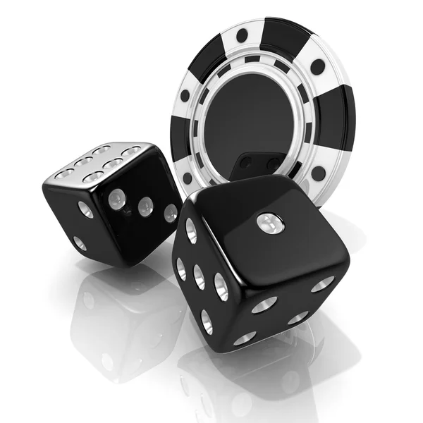 Schwarze Glücksspielchips und Würfel. 3D-Darstellung isoliert auf weiß — Stockfoto
