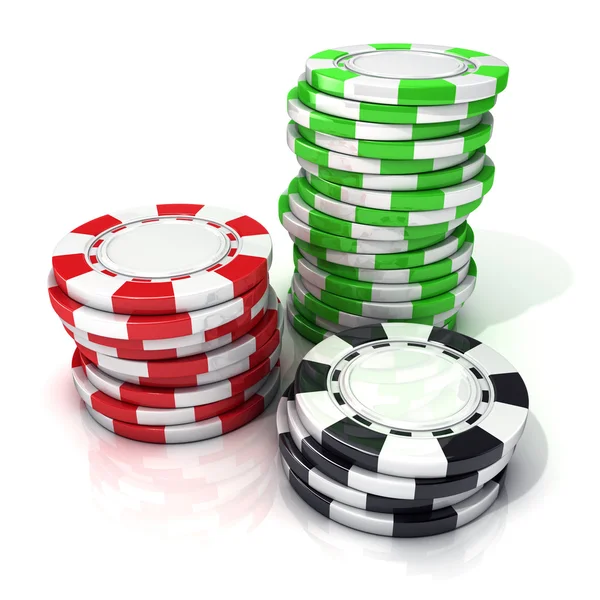 Stacks of red, green and black gambling chips isolated on white background. — Stock Photo, Image