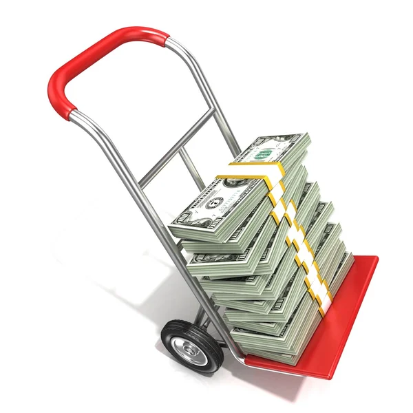 Hand truck with stacks of hundreds dollars isolated on white background. 3D render illustration — Stock Photo, Image