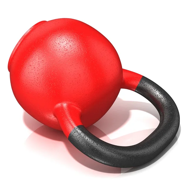 Red kettle bell weight, lying on its side, isolated on a white background. 3D render illustration. — Stock Photo, Image