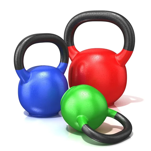 Röda, gröna och blå kettle bells vikter isolerad på en vit bakgrund. 3D render illustration. — Stockfoto