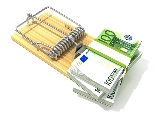 Stack of hundreds euros, like bait, in wooden mousetrap. 3D rendering illustration, isolated on white background. — Stock Photo, Image