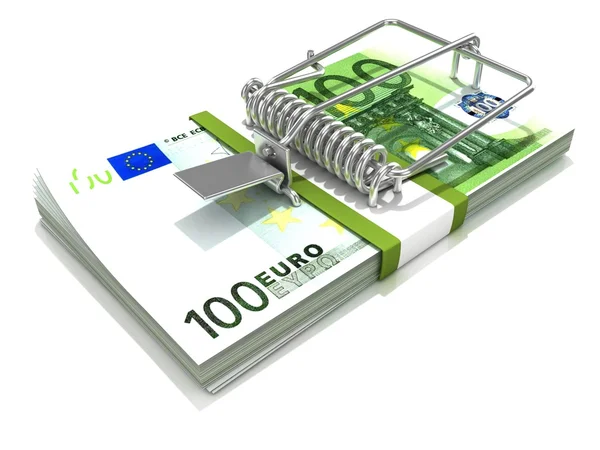 Renda 3D da ratoeira instalada na pilha de notas de euro, isolada num fundo branco . — Fotografia de Stock
