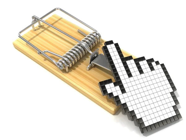 Handcursor-Symbol in einer hölzernen Mausefalle. 3D-Darstellung, isoliert auf weißem Hintergrund. — Stockfoto