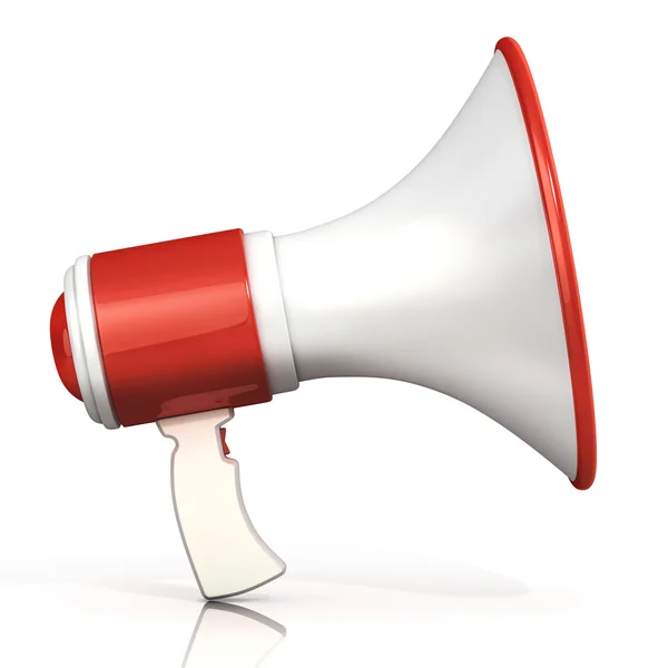 Red and white megaphone, 3D rendering, isolated on white background. Side view. — Stock Photo, Image