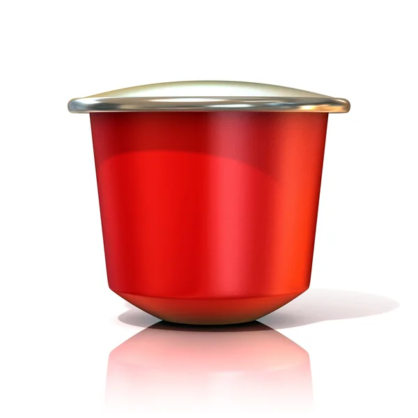 Капсула красного кофе. 3D рендеринг, изолированный на белом фоне. Вид спереди — стоковое фото