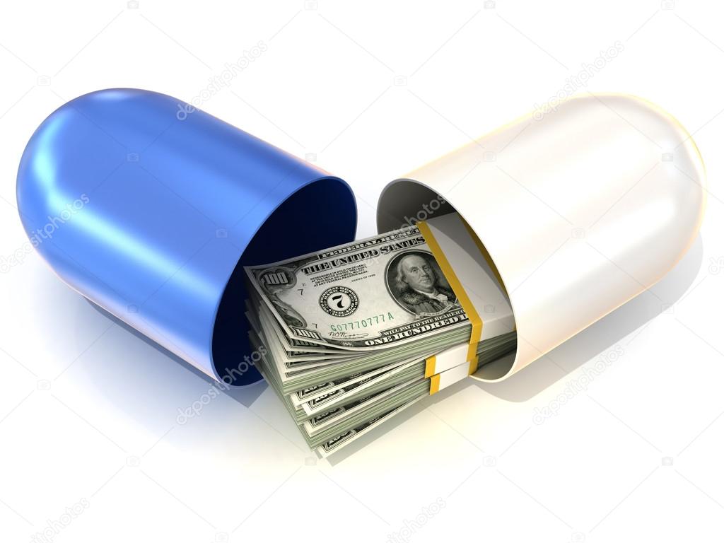 Opened blue pill capsule, with dollars stack inside. Isolated on white background