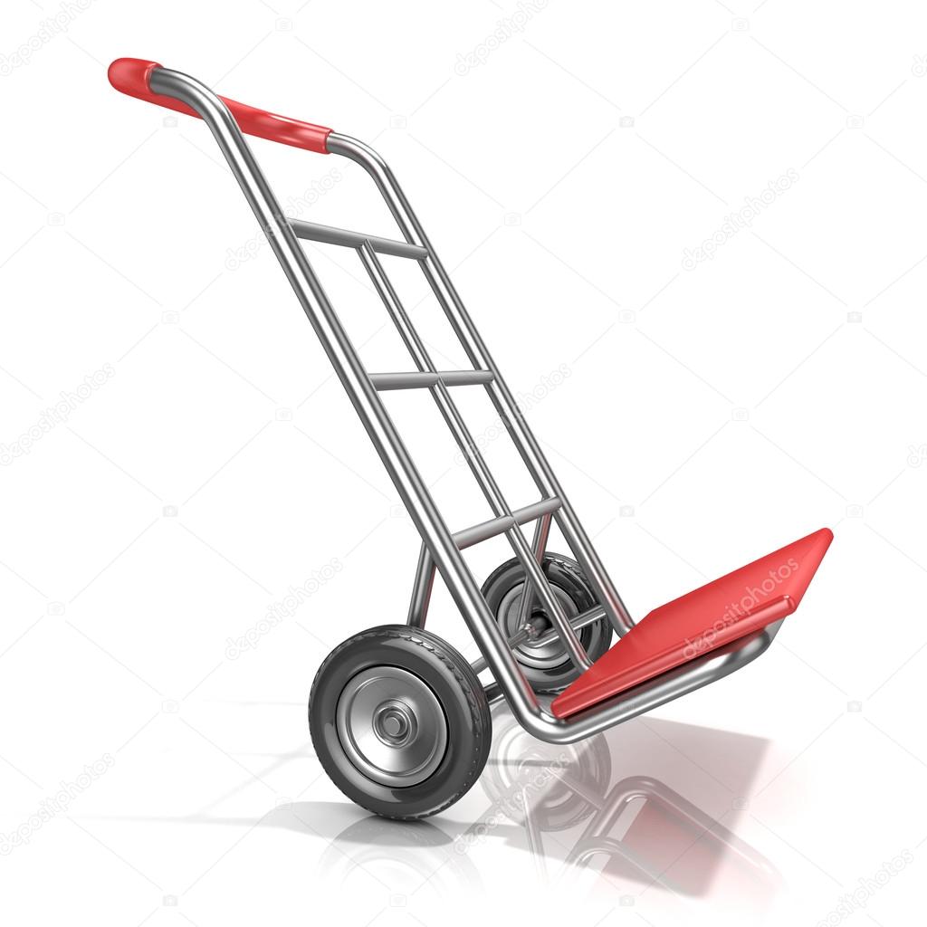An empty hand truck, isolated on white background. 3D render illustration. Moving position, side view