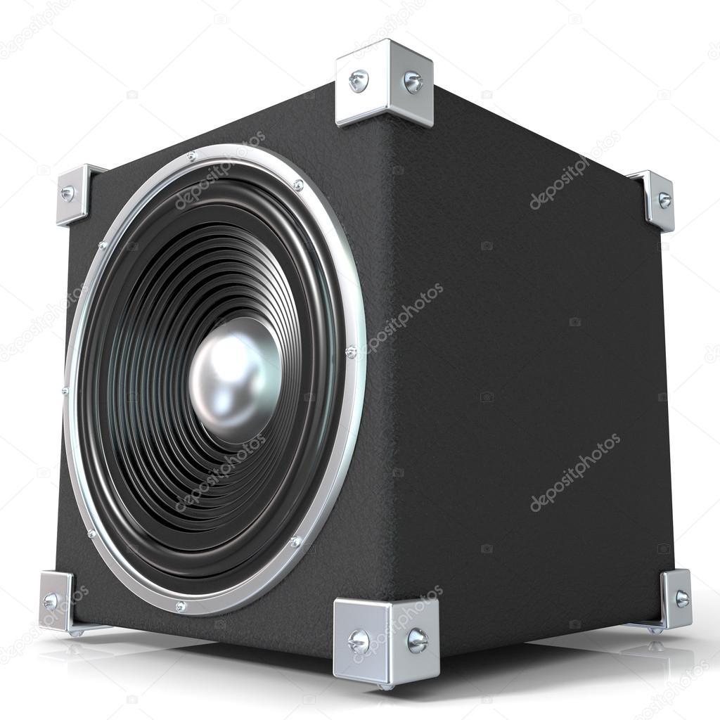 Black audio speaker. 3D render illustration isolated on white background. Side view.