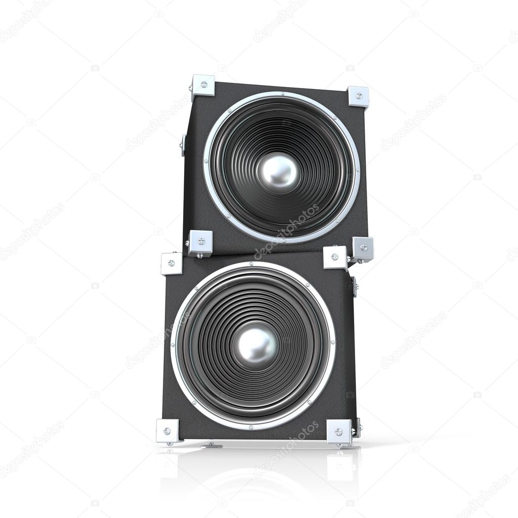 Pair of sound speakers. 3D render illustration isolated on white background. Front view