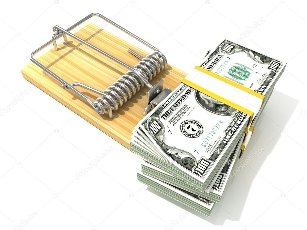 Stack of hundreds dollars, like bait, in wooden mousetrap. 3D rendering illustration, isolated on white background.