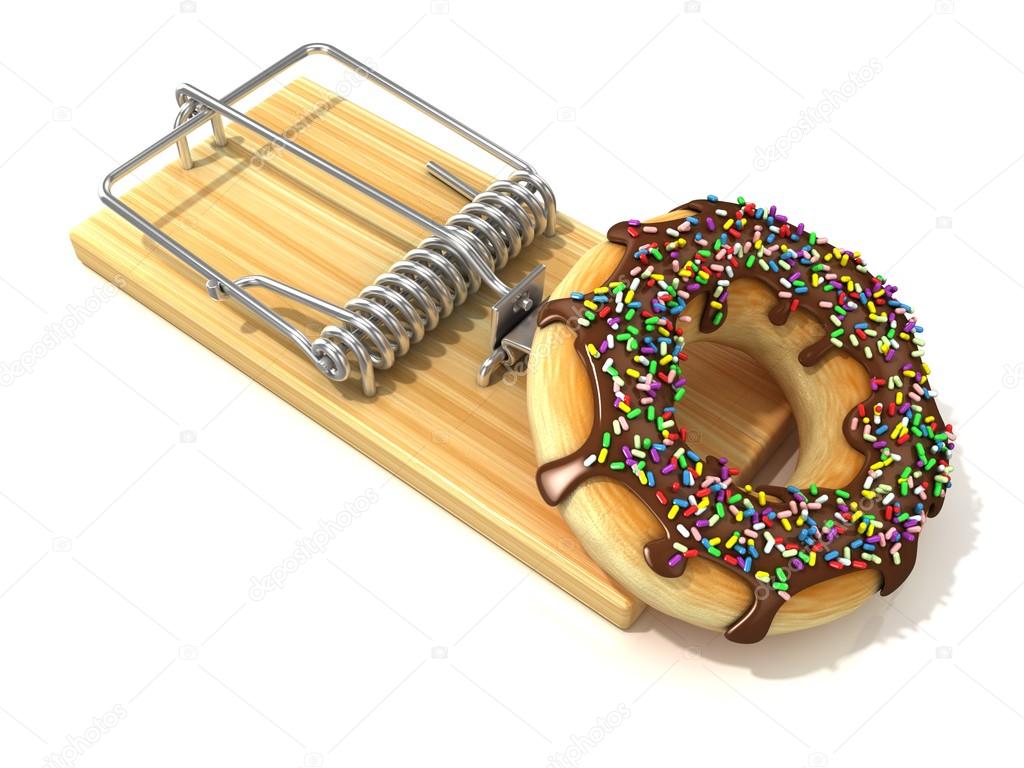 Chocolate doughnut with sprinkles, like bait, in wooden mousetrap. 3D rendering illustration, isolated on white background.
