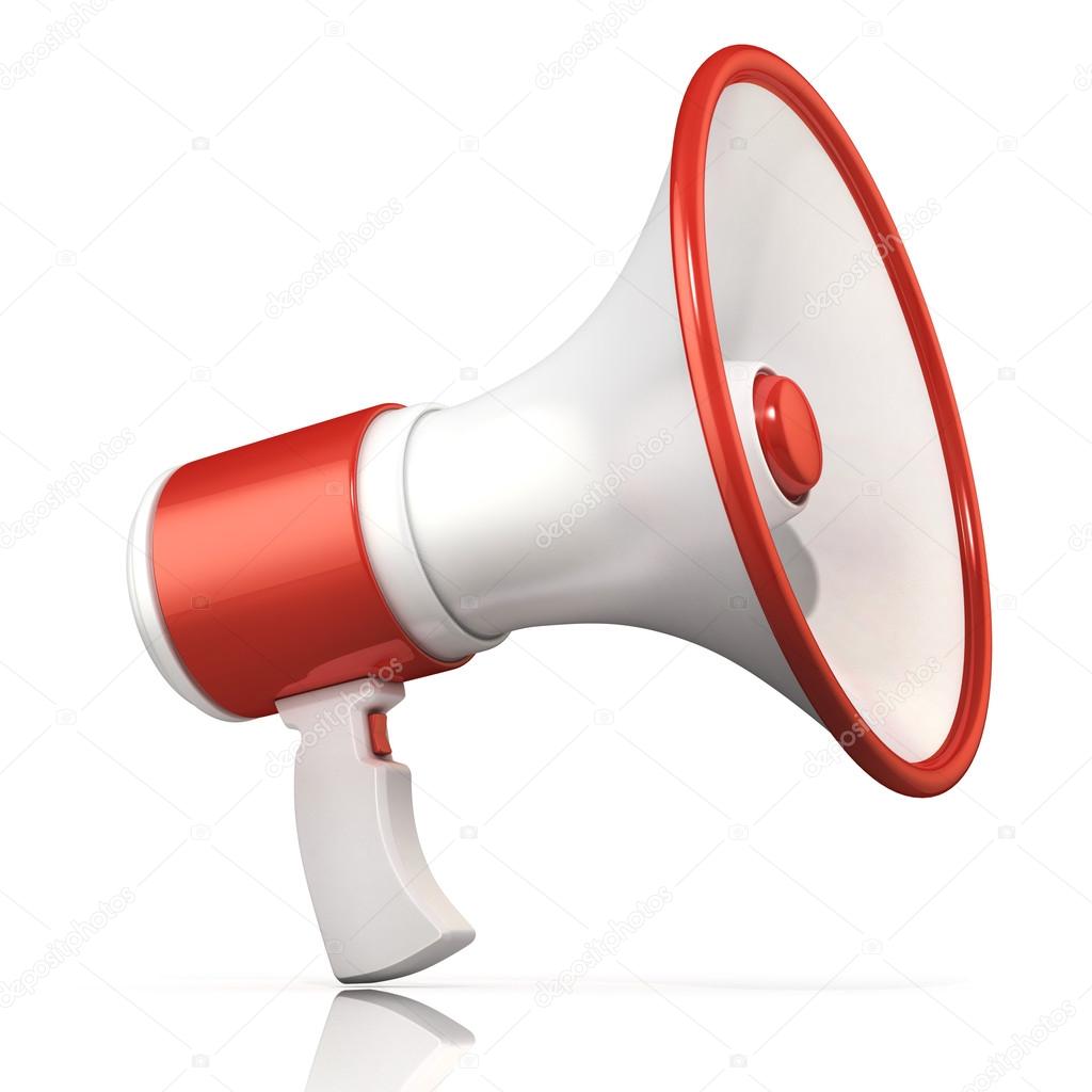 Red and white megaphone, 3D rendering, isolated on white background.