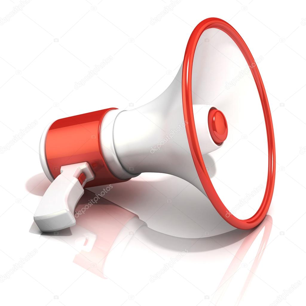Red and white megaphone, 3D rendering, isolated on white background. Laying.