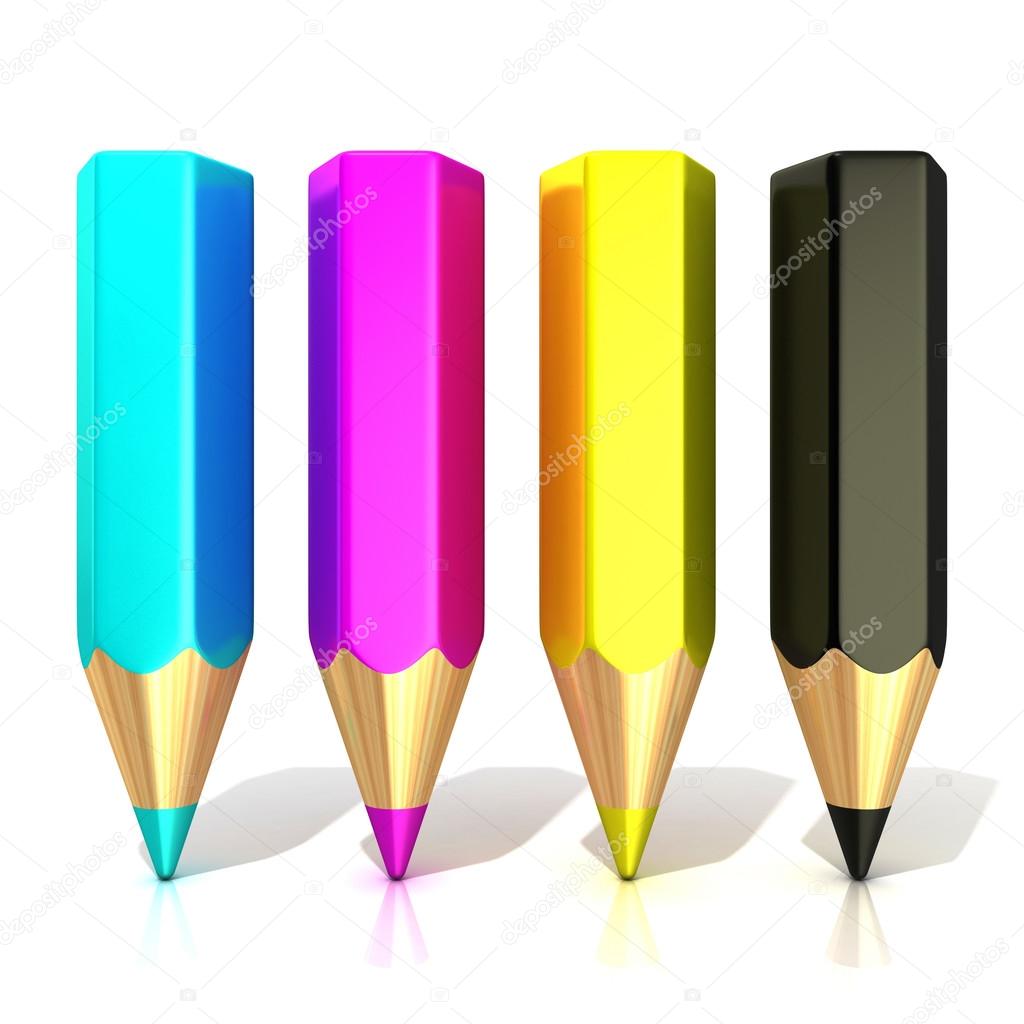 CMYK color pencils (cyan, magenta, yellow and black), isolated on white background, 3D concept of printing.