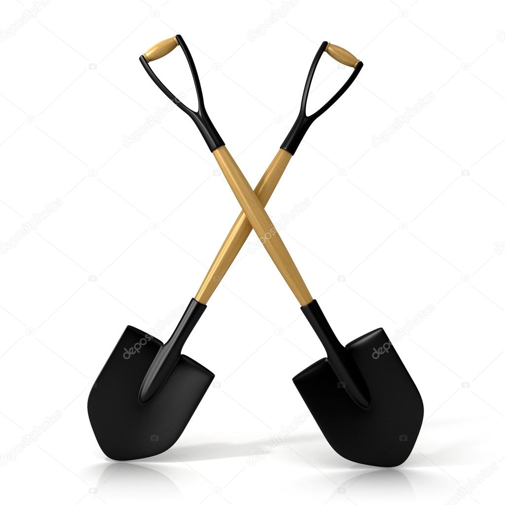 Crossing shovels isolated on white background. 3D render