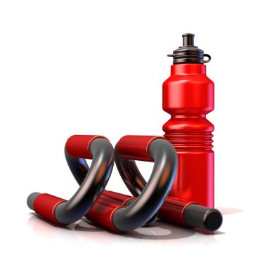 Kırmızı plastik spor şişe ve push-up barlar