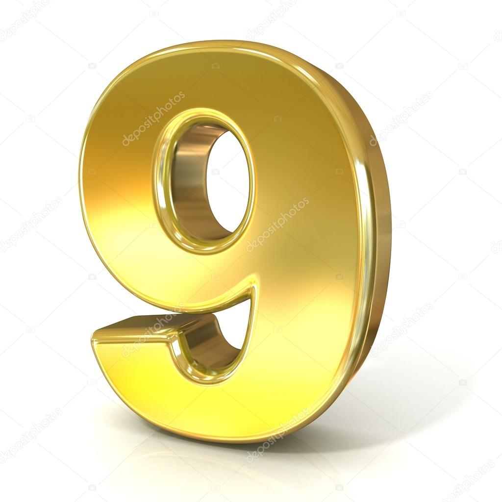 Numerical digits collection, 9 - NINE. 3D golden sign isolated on white background. Render illustration.
