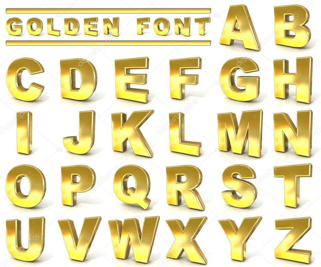 Golden font collection. 3D render illustration, isolated on white background.