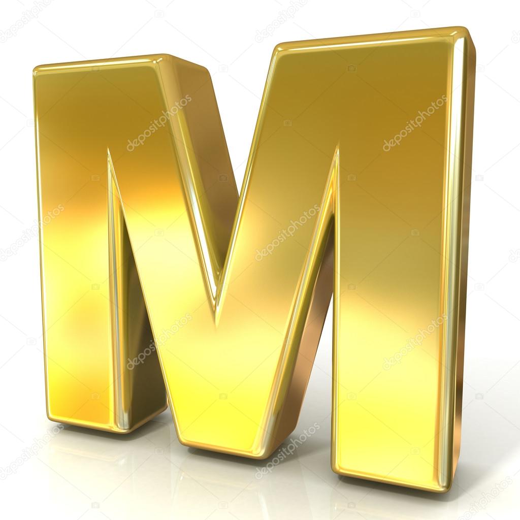 Golden font collection letter - M. 3D render illustration, isolated on white background.