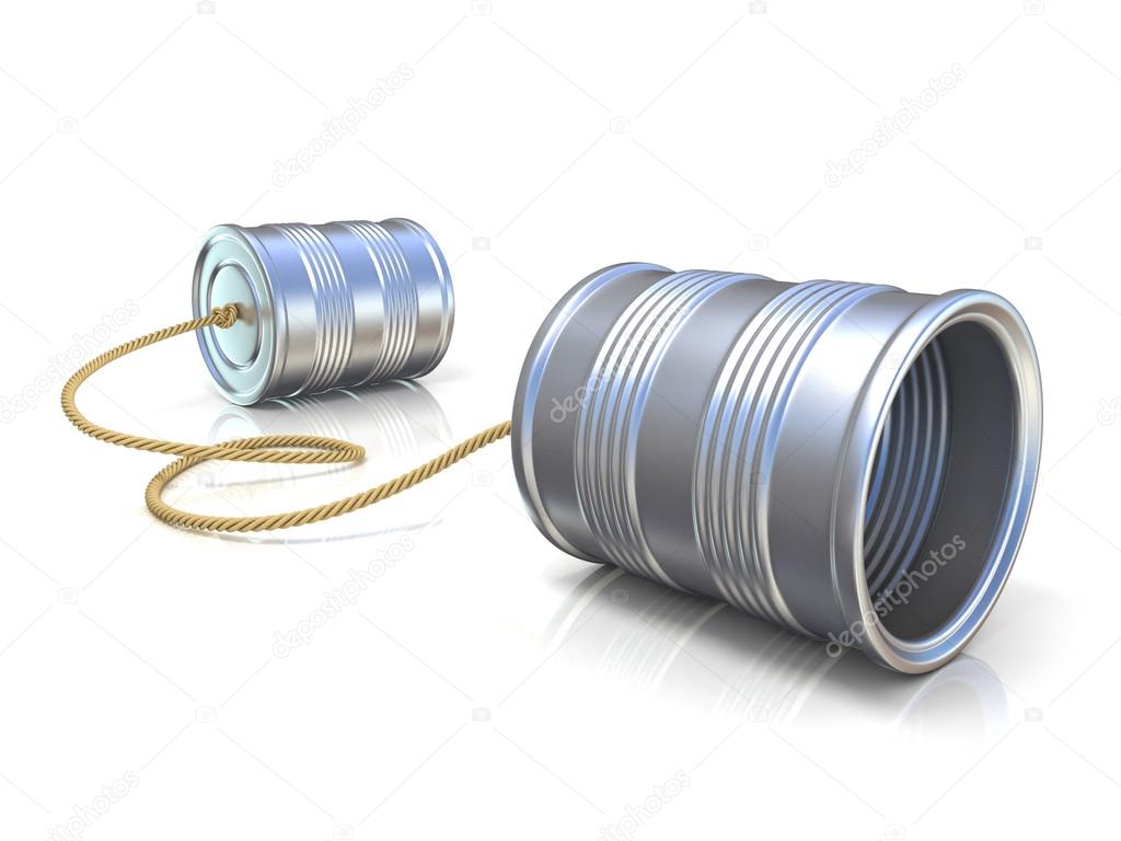 Communication concept: tin can children telephone with rope