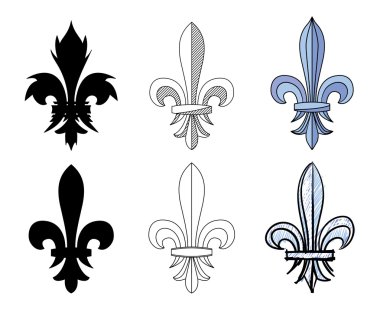 Fleur-de-Lys, lily çiçek hanedan motifi. Tasarım için farklı grafik sunumlar ayarla ve süslemeleri