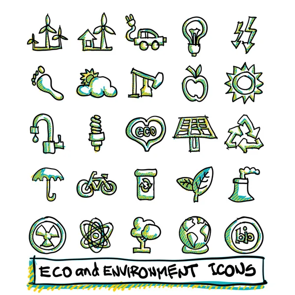 Colección de 25 iconos ecológicos y medioambientales dibujados a mano. Formato vectorial — Vector de stock