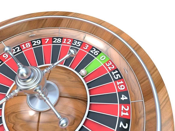 Roulette wheel. 3D render illustration isolated on white background. Detail on zero green pocket — Stock Photo, Image