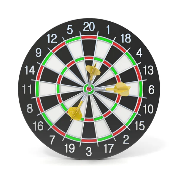 Dartbord met drie oranje darts op bullseye. Vooraanzicht — Stockfoto