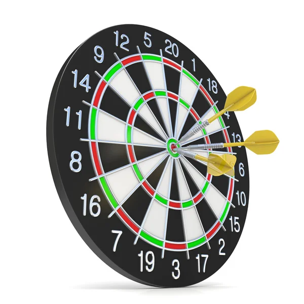 Dartscheibe mit drei orangefarbenen Darts auf Bullseye. Seitenansicht — Stockfoto