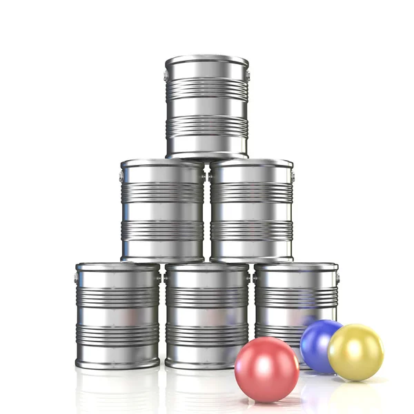 Tin cans and three balls — Stock Photo, Image