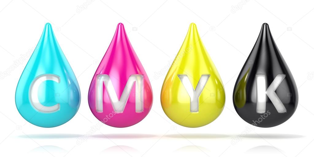 CMYK ink droplets sign. 3D render