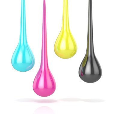 CMYK mürekkep damlacıkları işareti. 3D render