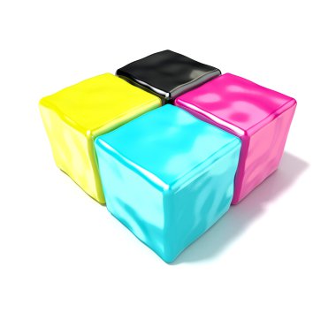CMYK küpleri imzalayın, yazdırma sembolü gibi. 3D render