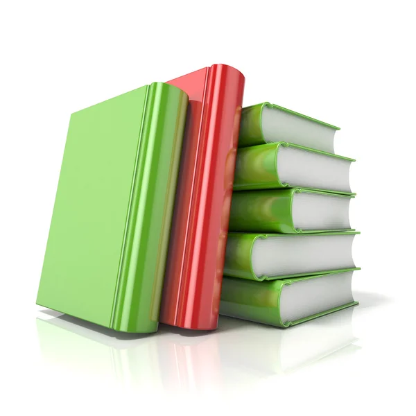 Libros verdes con un libro rojo. Renderizado 3D — Foto de Stock
