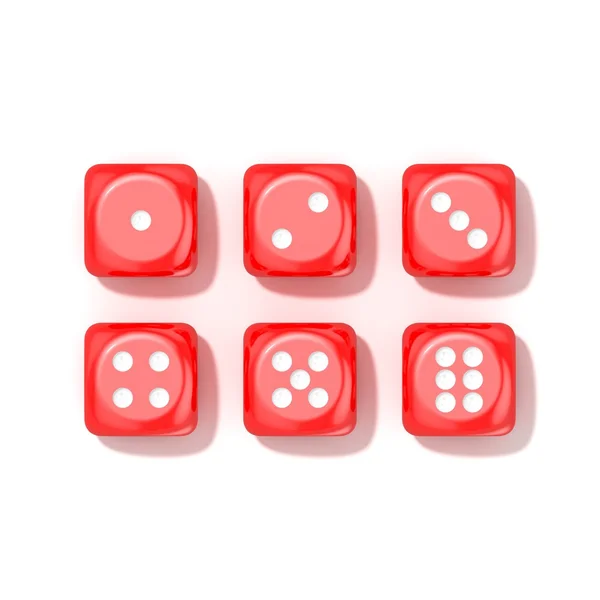 Set dadu permainan merah, semua angka. Pemandangan bagus. render 3D — Stok Foto