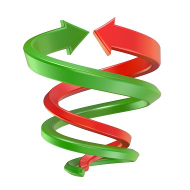 Red and green spiral arrows. 3D render clipart